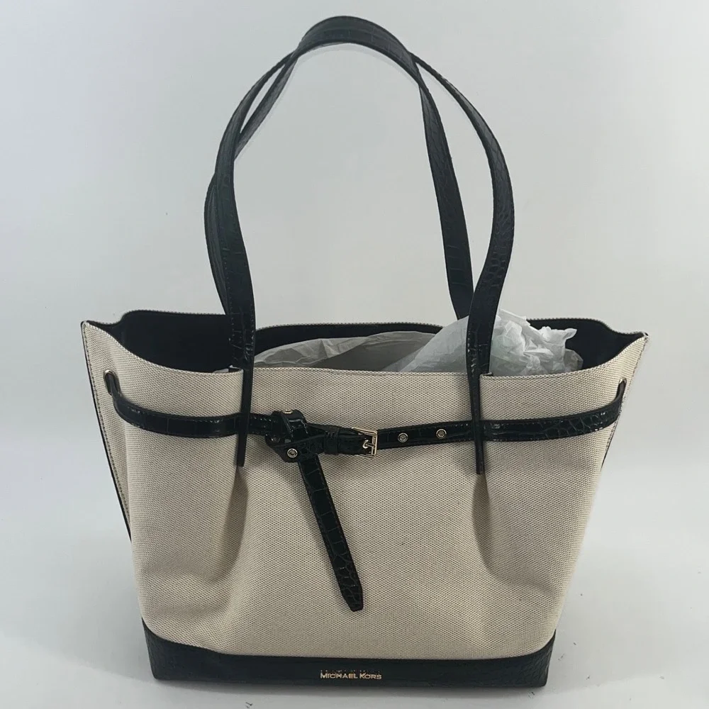 Michael Kors Emilia Large EW Tote Bag Black‎ Trim Canvas Designer Purse
